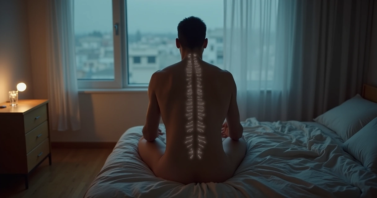 Pessoa sentada na cama de costas com contornos luminosos no corpo em quarto em meia-luz 