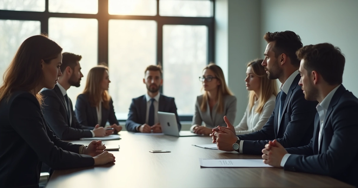Equipe em sala de reunião fazendo uma breve pausa em silêncio antes de discutir tema importante. 