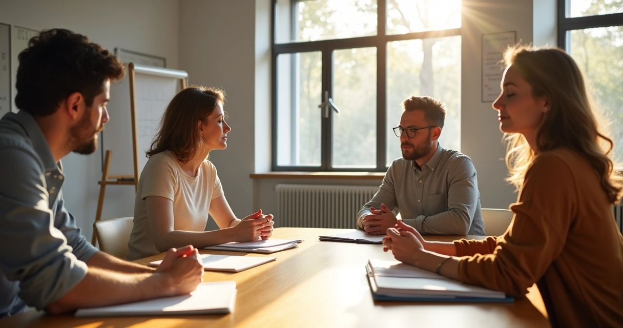 Personas sentadas en una mesa guardando silencio en una reunión