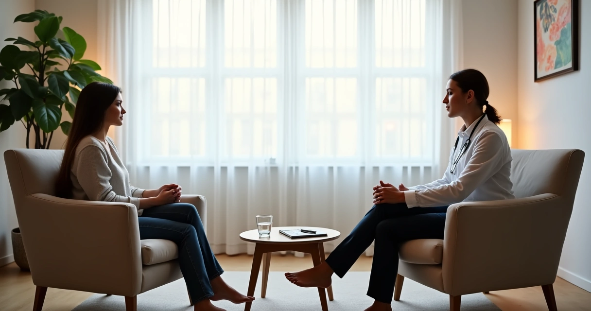 Psicólogo e paciente em silêncio reflexivo em consultório minimalista 