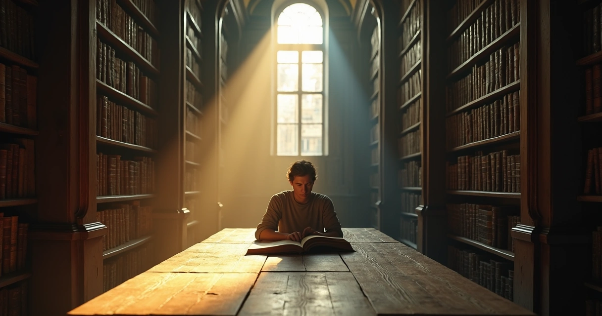 Pessoa solitária em biblioteca antiga cercada por livros em silêncio profundo 