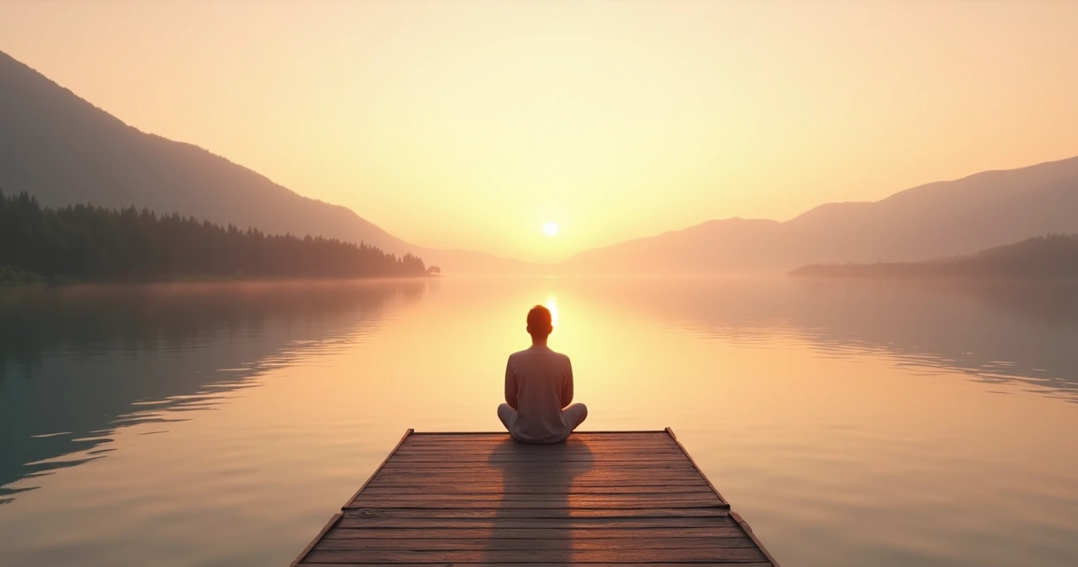 Pessoa sentada em silêncio à beira de um lago ao pôr do sol refletindo sobre relações humanas 