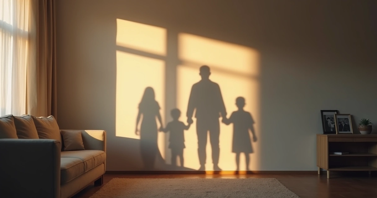 Sombras de uma família projetadas em parede com uma figura levemente apagada 