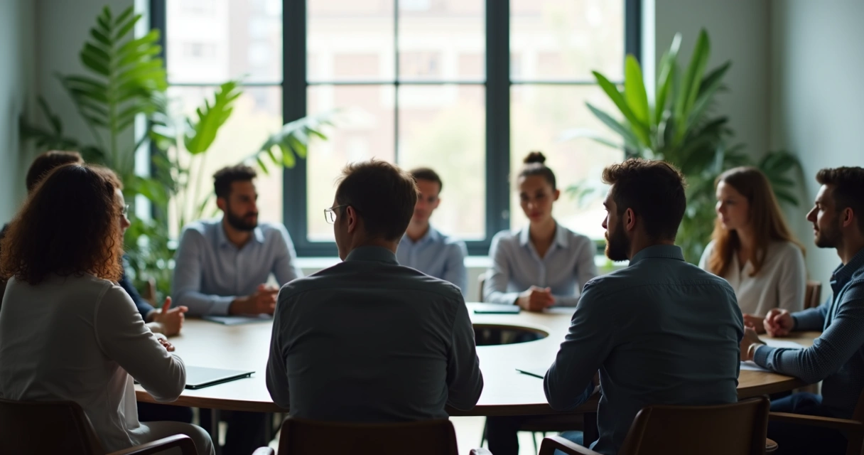 Personas sentadas en círculo en una sala de reuniones, algunas en silencio con expresión reflexiva 