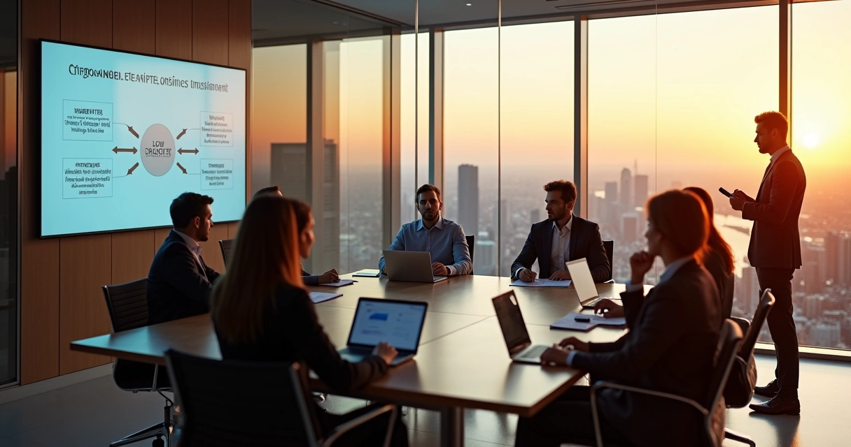 Executives in a glass office silently aligned while a colleague stands apart noticing hidden tension 