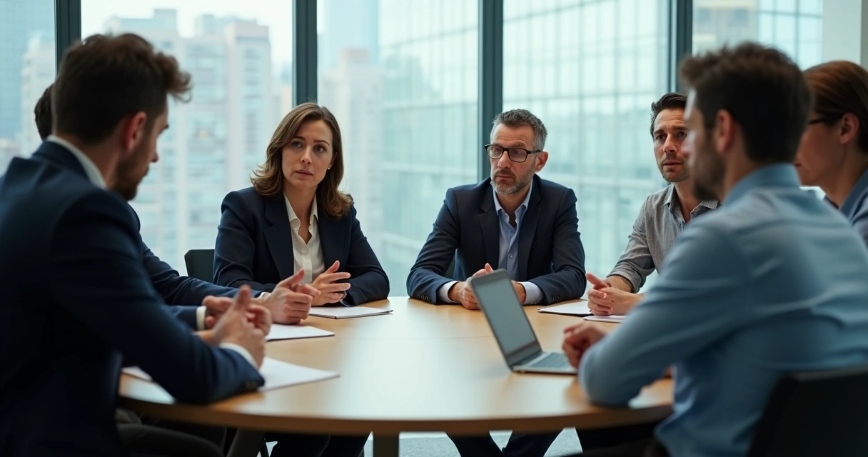 People sitting around a round table, each person looking in a different direction 
