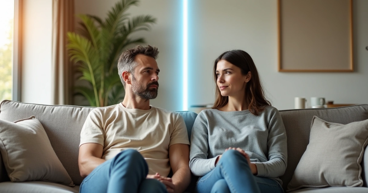 Couple sitting on a sofa facing slightly apart with calm body language and a soft boundary line between them 