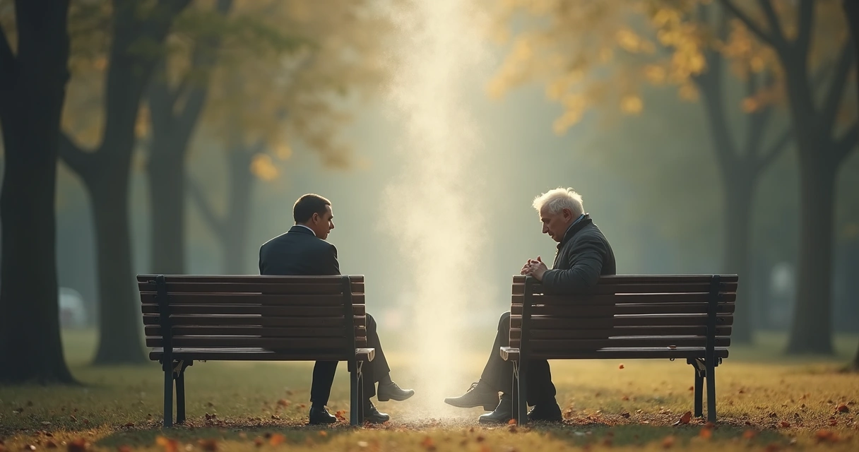 Two people sitting on a bench, one calmly looking forward, the other looking slightly anxious, both surrounded by soft, muted tones and a subtle invisible wall between them.