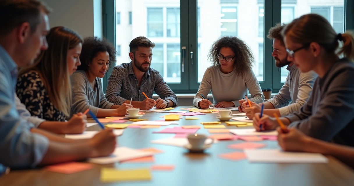 Team writes ideas silently on sticky notes during brainstorming 