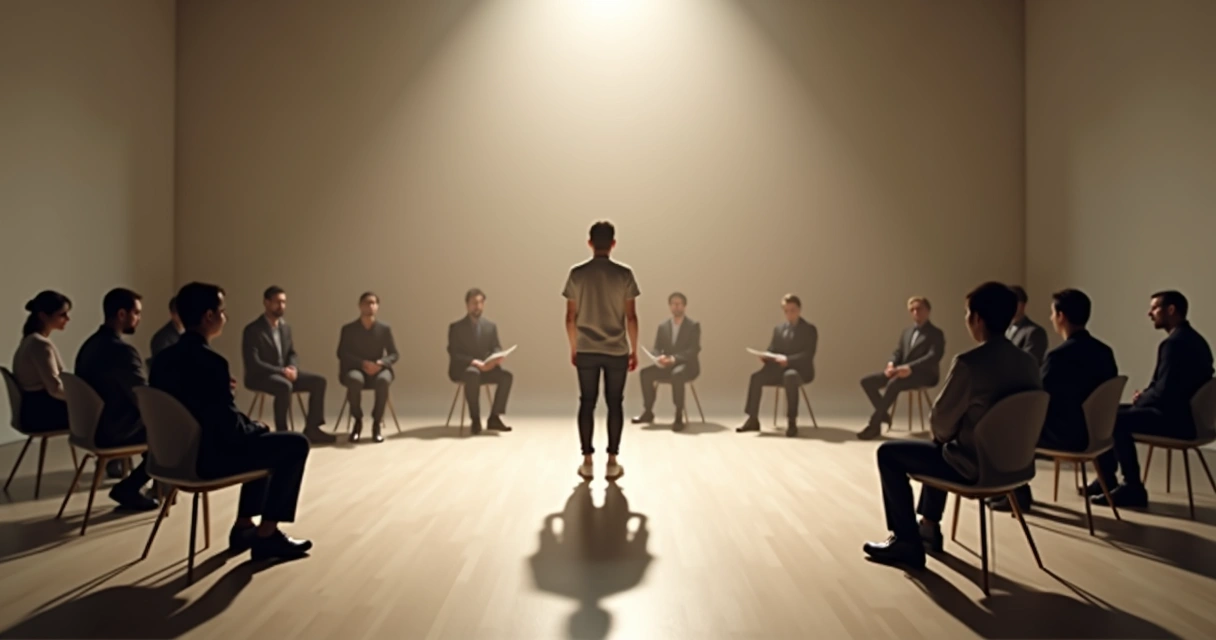 Person in spotlight surrounded by seated circle casting overlapping shadows 