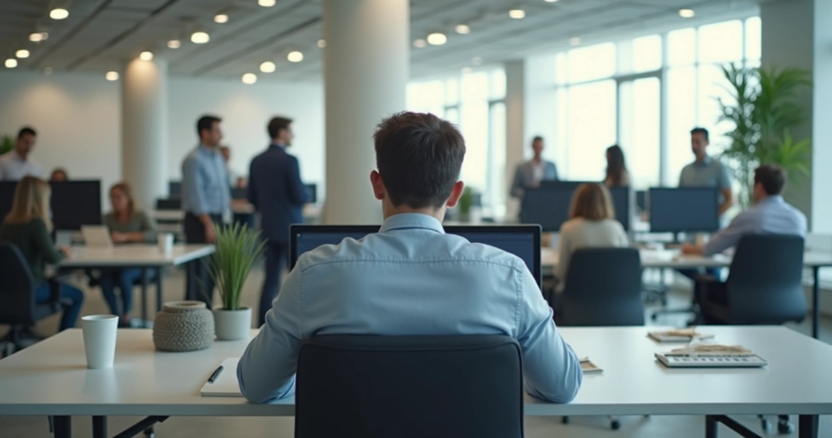 Employee sitting withdrawn at desk in busy open office 