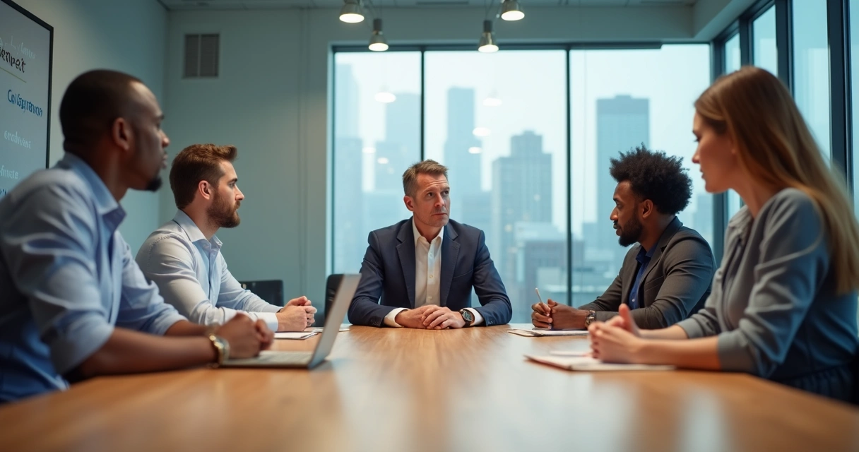 Leadership team in modern office with unspoken tension around the table 