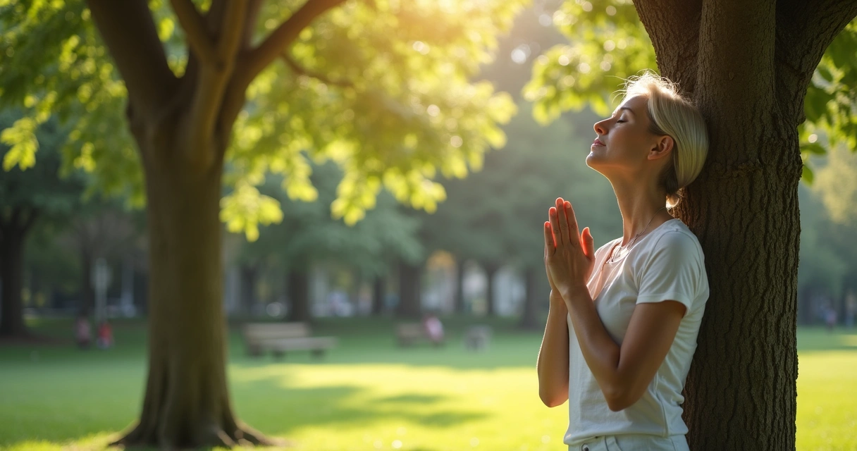 Woman standing in quiet park near a tree with eyes closed, hands gently folded, sunlight through leaves