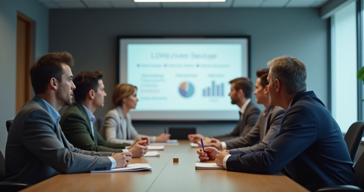 Conference room with one person pausing while others agree 