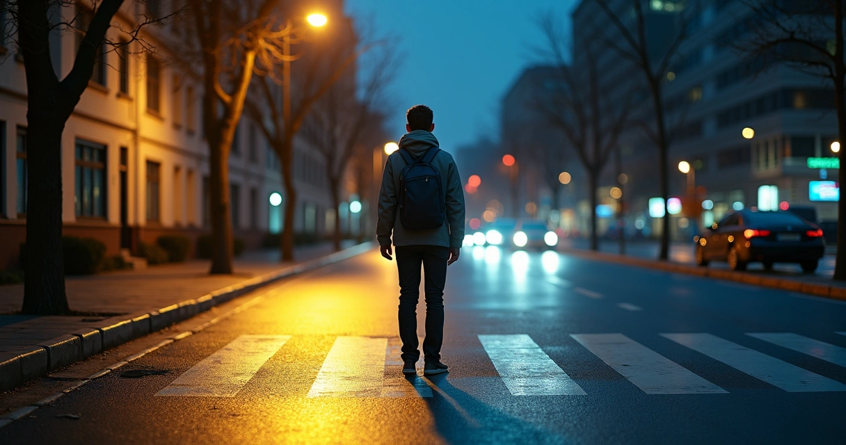 Person on night street choosing between two glowing paths 