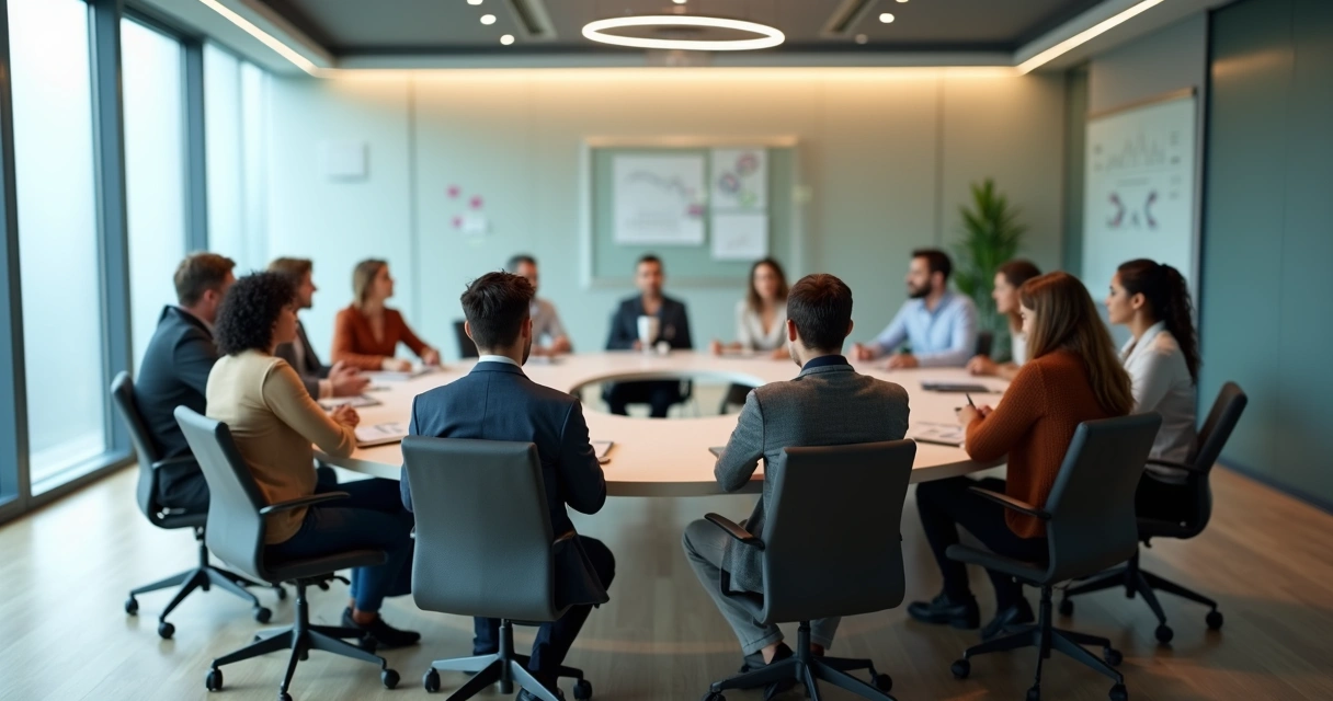 Team sitting in a circle around a table with a strong silence feeling 