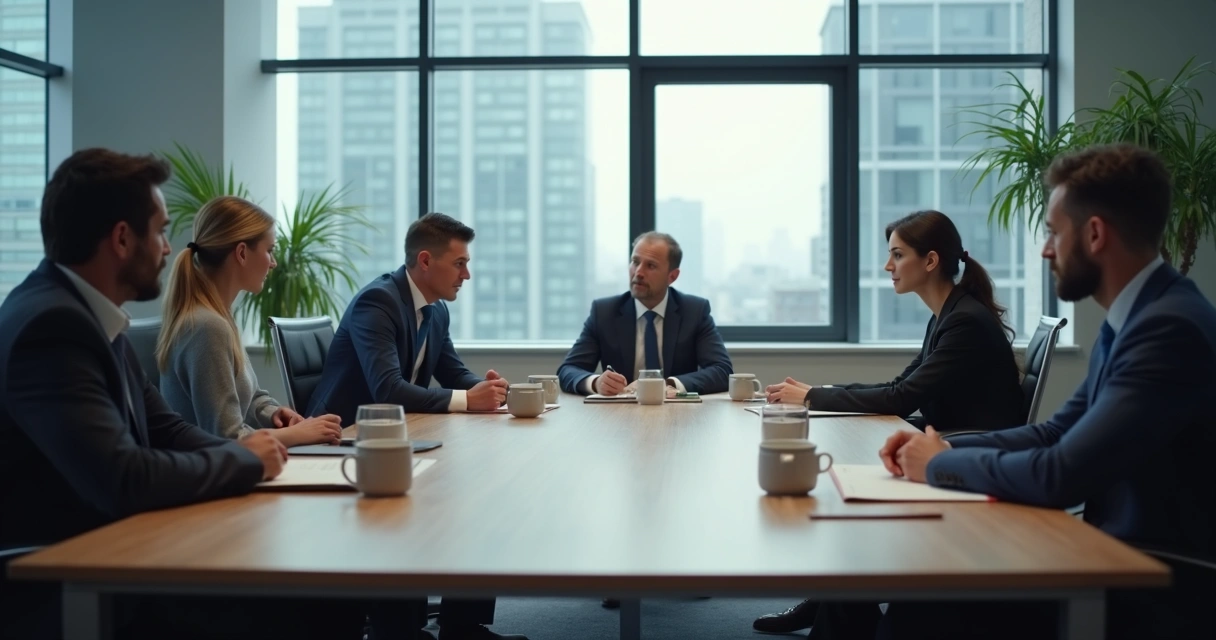 Meeting table with several people sitting in silence 