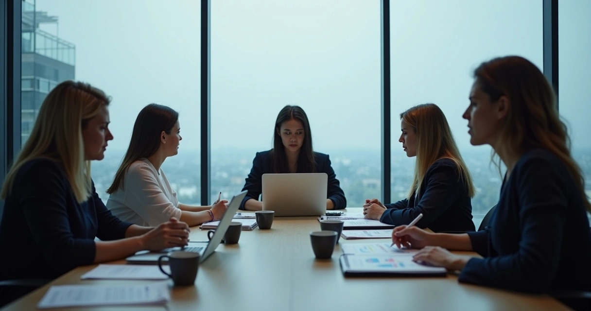 Team sitting quietly in a tense meeting room