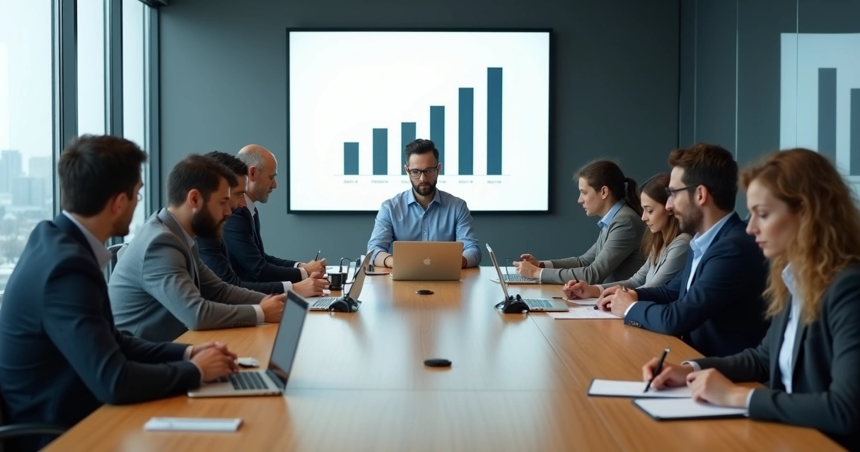 Team sitting silent around a conference table during a meeting 