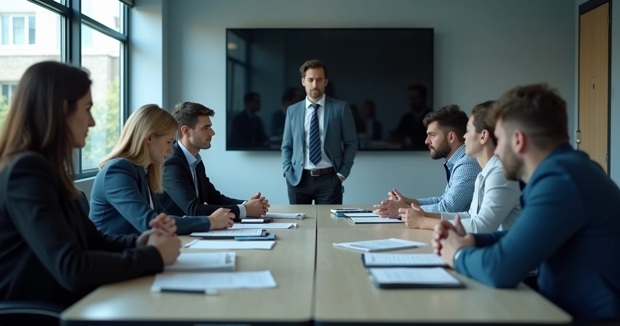 Conference room with silent team avoiding eye contact