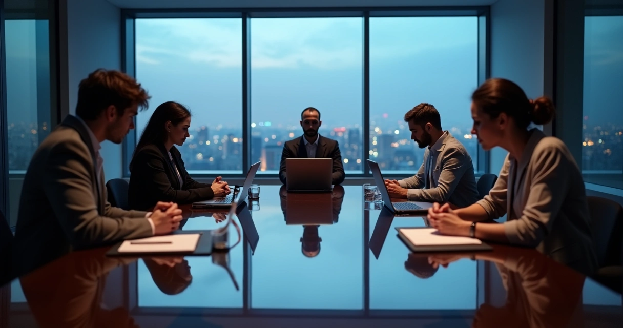Minimalist meeting table with reflected faces in glass tabletop 