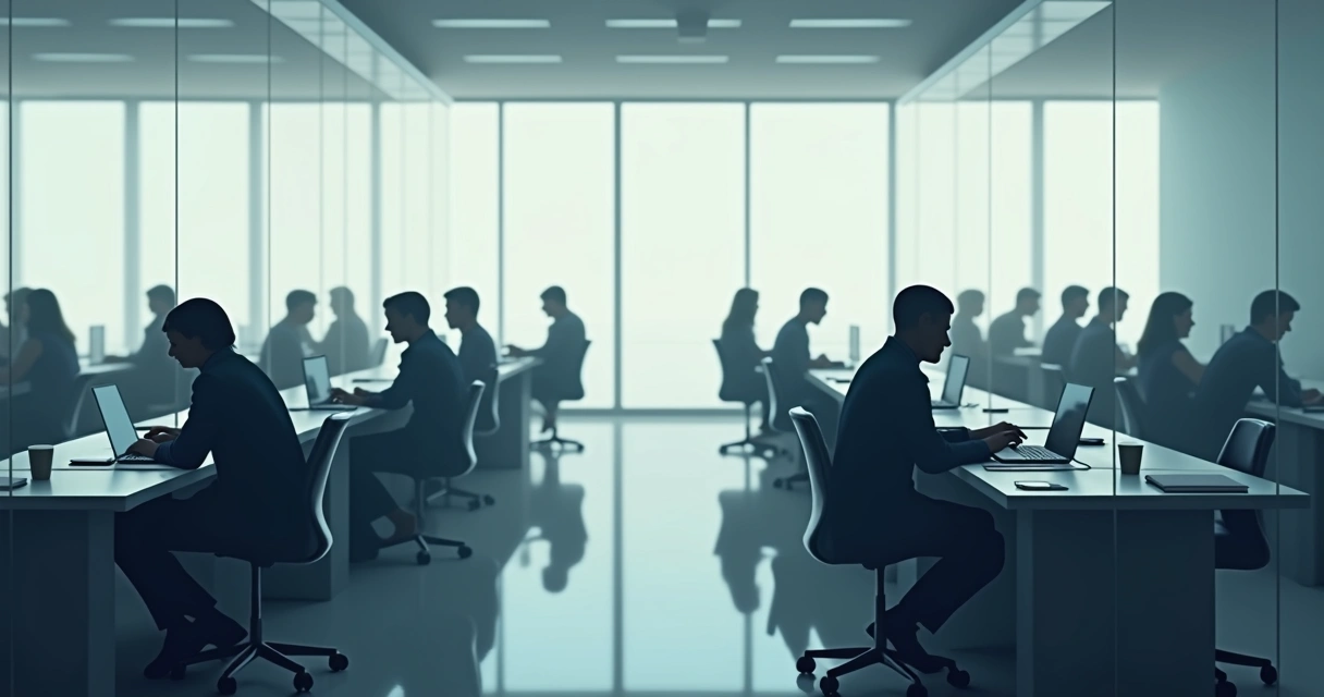 Empty office with ghostly outlines of people at desks