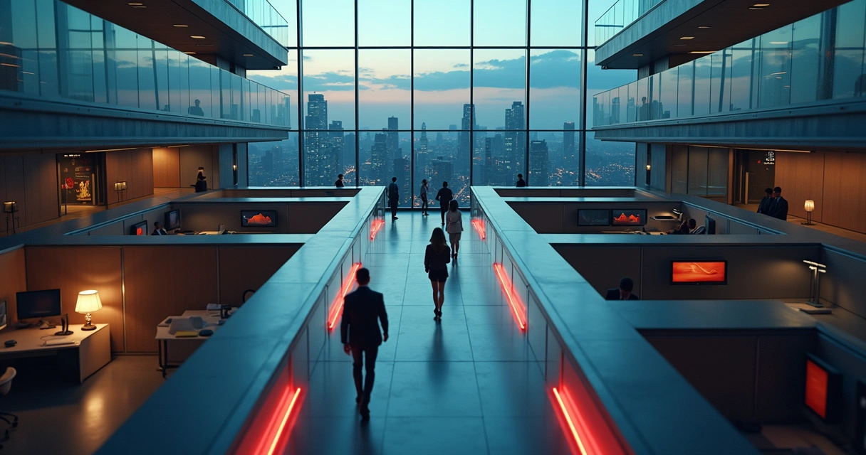 Office workers moving through a dim maze-shaped corridor with warning lights 