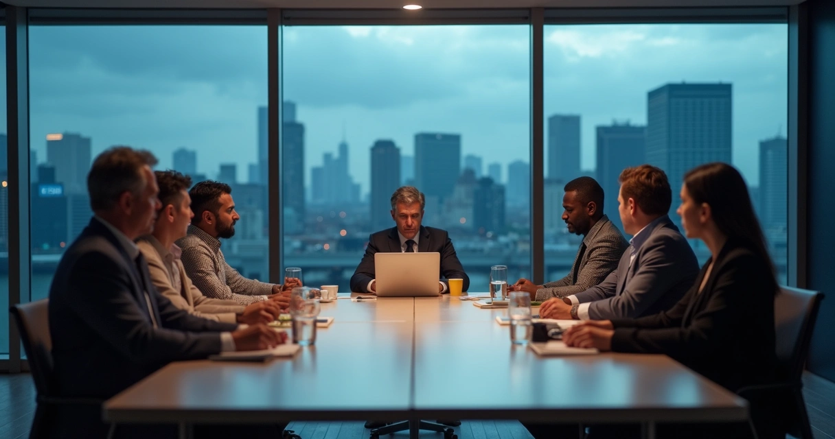 Team meeting with tense atmosphere and one unspoken leader at the head of the table 