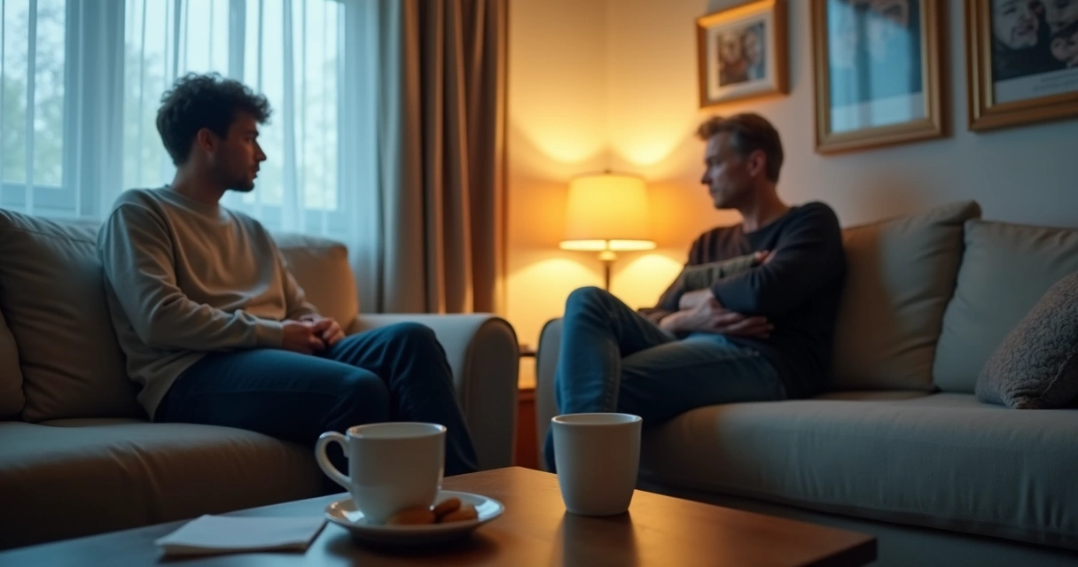 Quiet living room with couple sitting apart on opposite sofas 