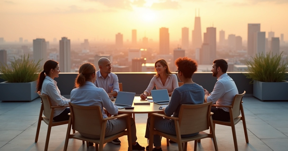City rooftop meeting with one person in shadow facing away from the circle 
