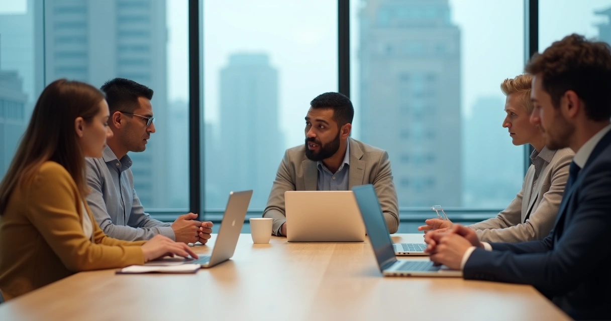 Team in modern office exchanging subtle glances and body language cues 