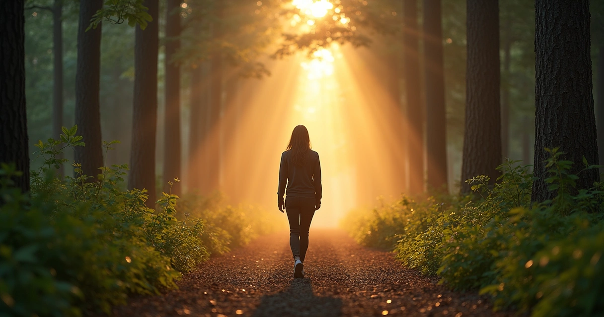 Person walking silently on a forest trail during sunrise 