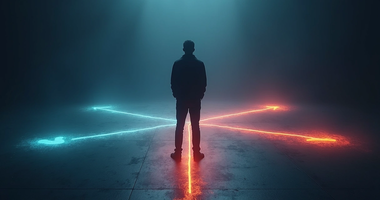 Silhouette of person at crossroads shown as glowing paths 