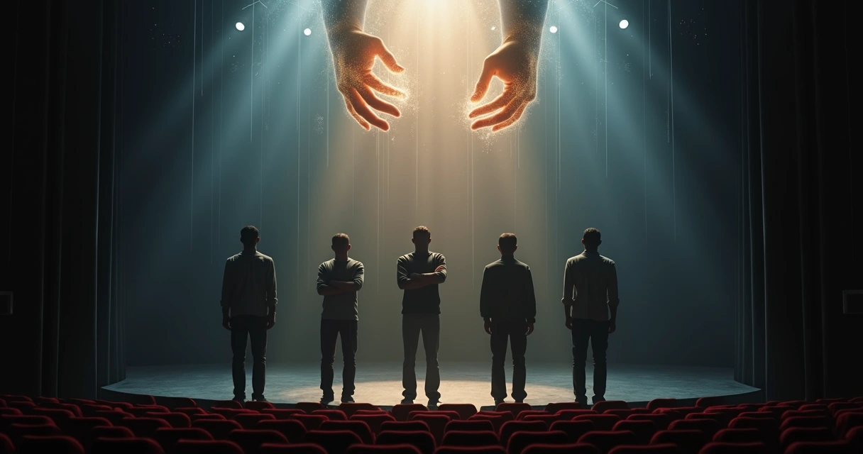 Silhouettes on a stage controlled by giant translucent hands 