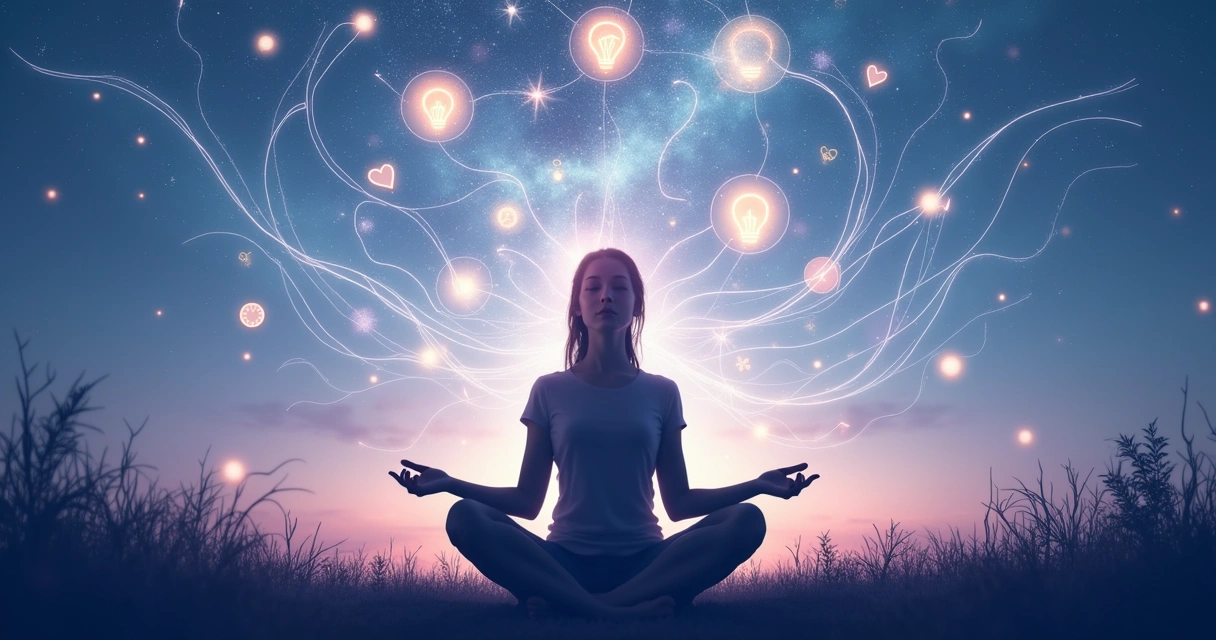 Silhueta de pessoa meditando em ambiente sereno, símbolos representando intuição e decisões ao redor.