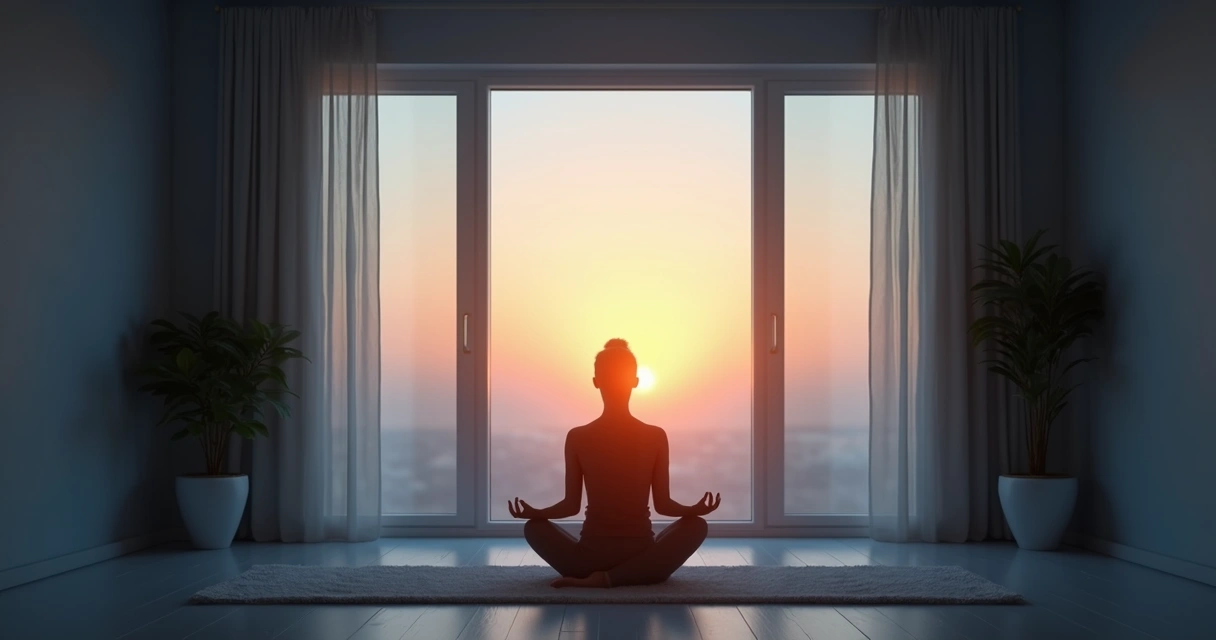 Silhueta de pessoa meditando no quarto com luz suave entrando pela janela