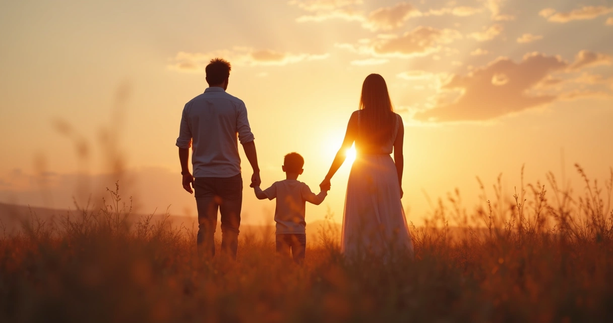 Silhuetas de pessoas de gerações diferentes de mãos dadas em um campo ao pôr do sol 