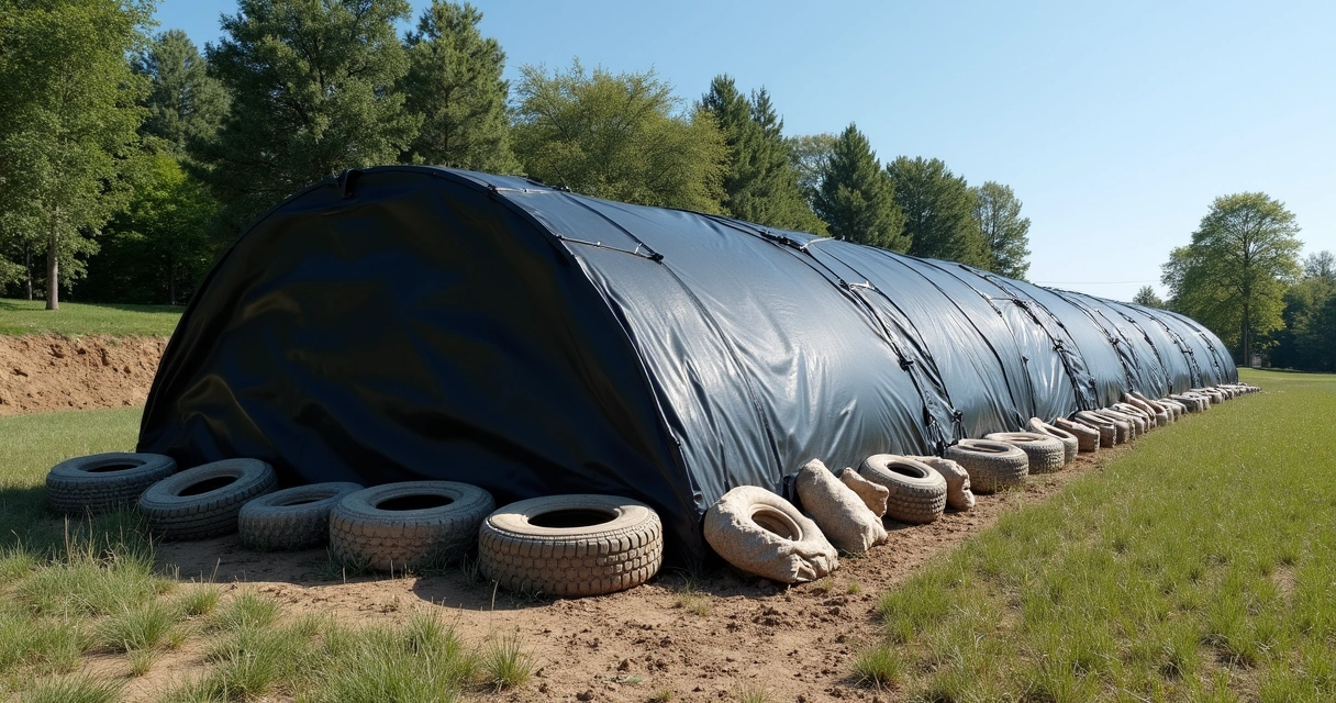 Silo coberto com lona e pesos, vedando silagem de moringa