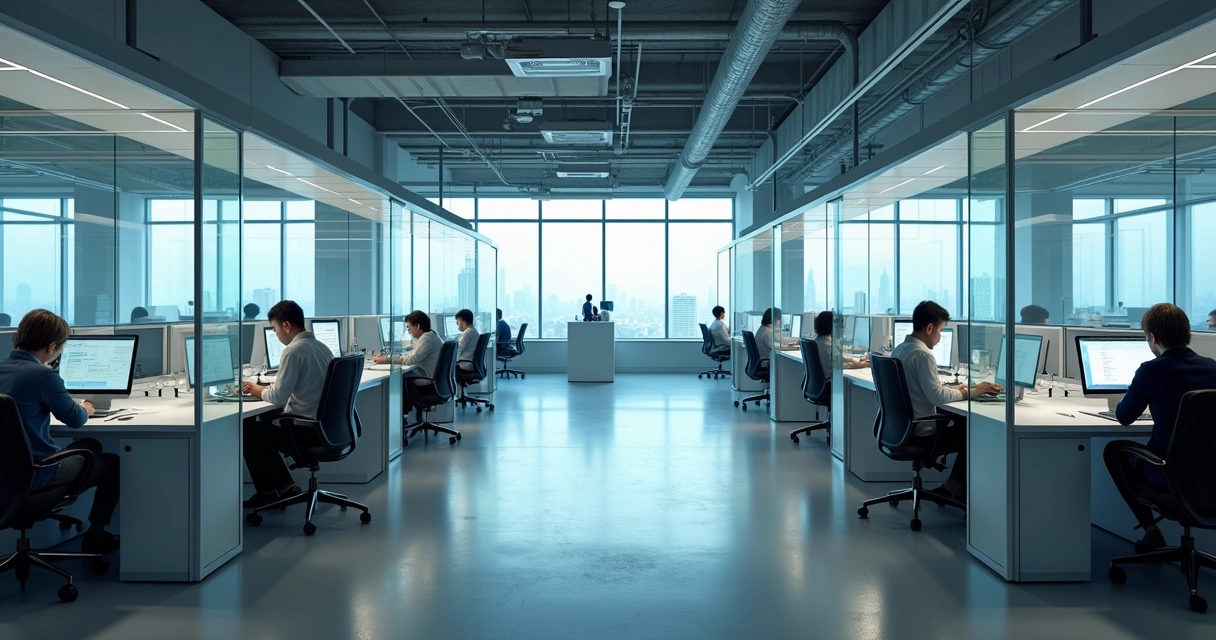 Grupos de trabalho isolados em diferentes salas de escritório, ilustrando silos departamentais 