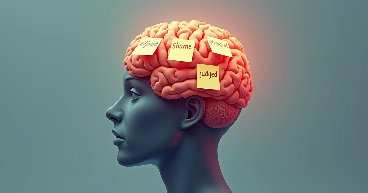 Ilustração mostrando silhueta de um cérebro com várias etiquetas coladas, representando estigma social. 
