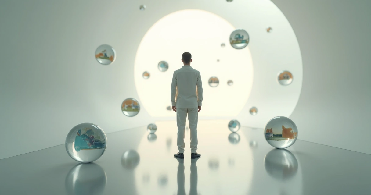 Silueta humana observa pensamientos flotando en un espacio tranquilo 