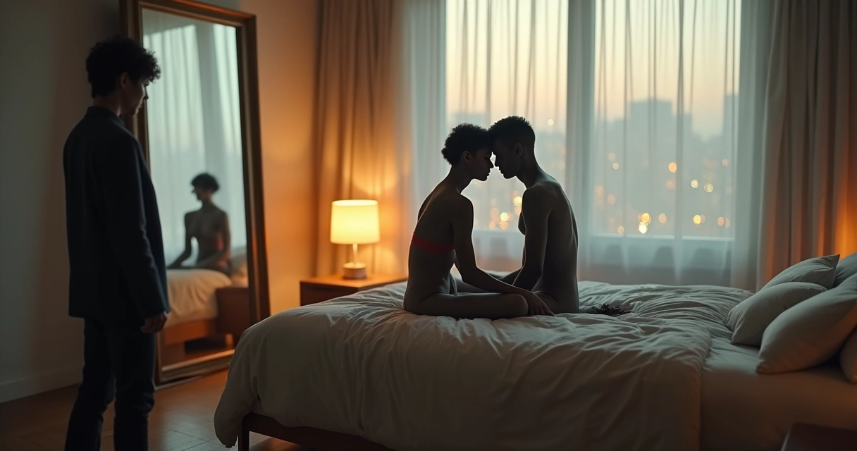 Dos siluetas unidas por hilos en una habitación, una observa la escena desde un espejo 