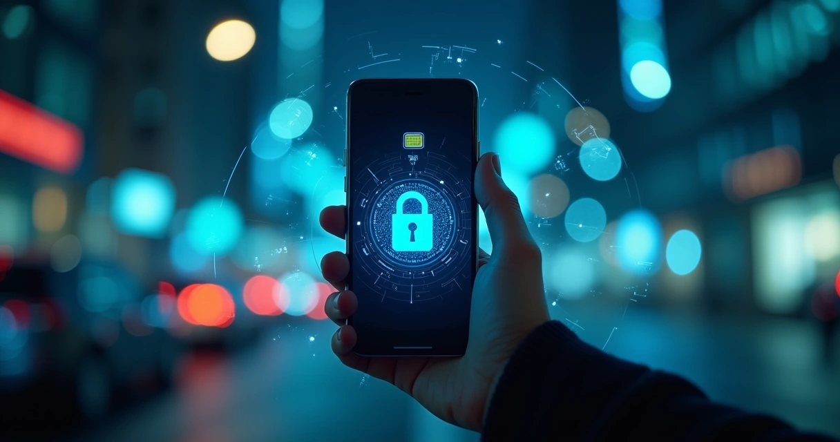 Mão segurando smartphone cercado por hologramas de cadeado e chip de celular 