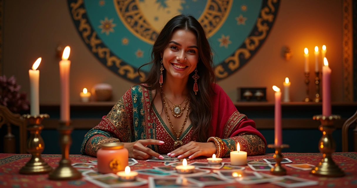 Símbolos coloridos e místicos ao redor de cartas ciganas e mulher sorridente 
