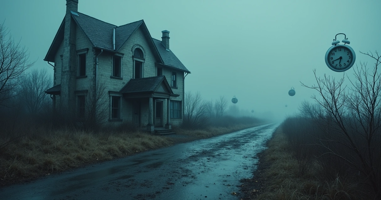 Simbolismo onírico con imágenes surrealistas de una casa en ruinas, un camino oscuro y relojes derretidos