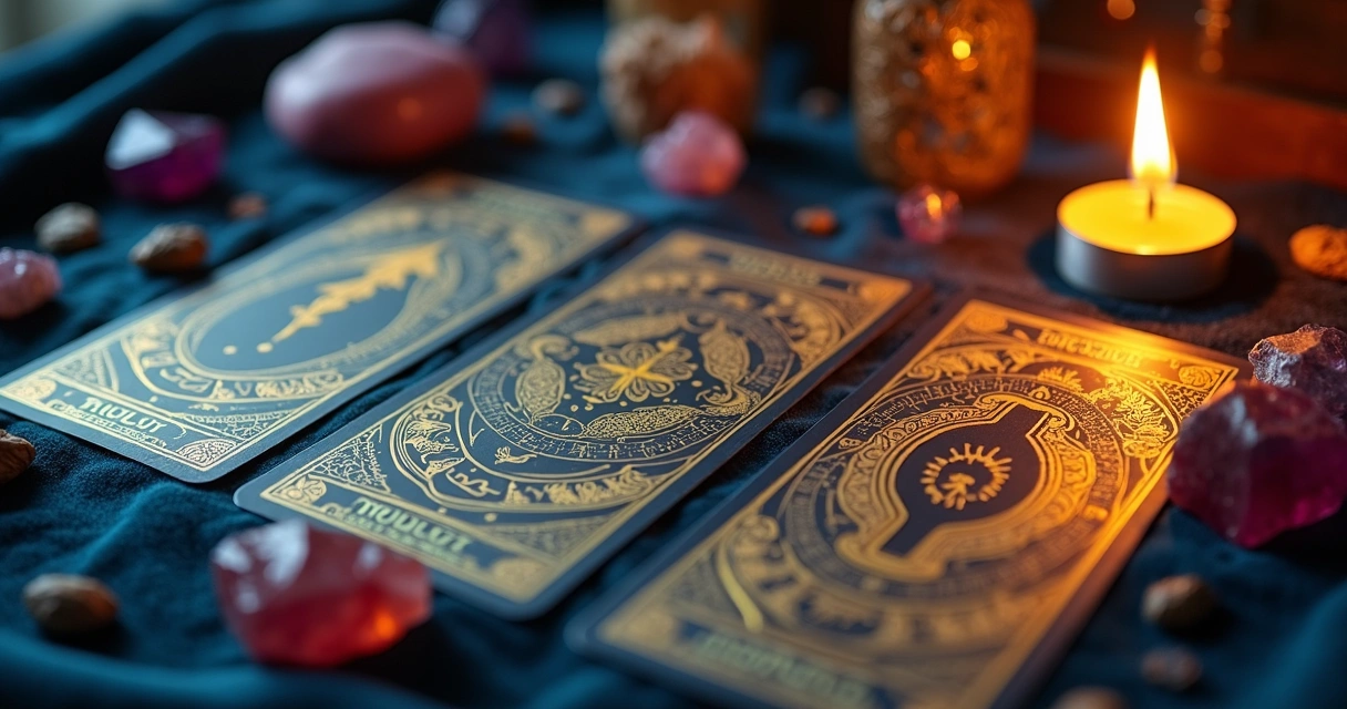 Mesa de tarot com cartas, cristais e vela acesa. 