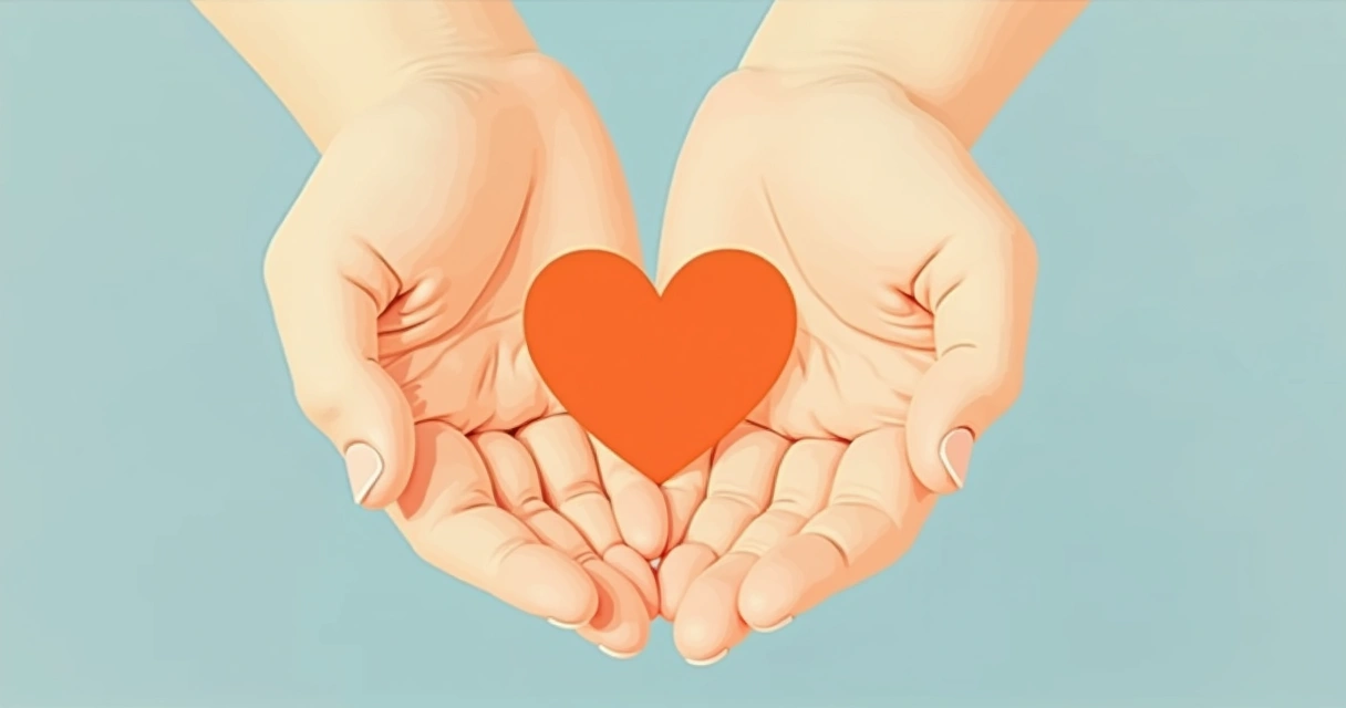 Desenho de mãos abertas com símbolo de coração laranja ao centro