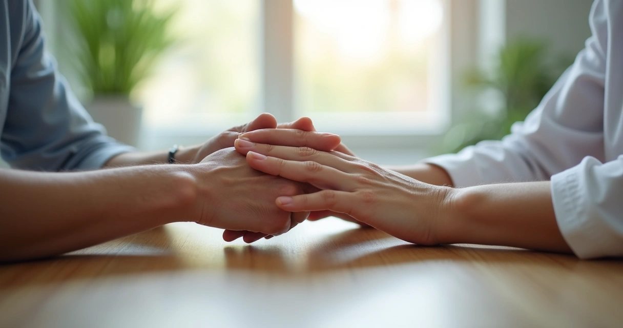 Mãos de terapeuta e paciente se tocando levemente, simbolizando conexão.