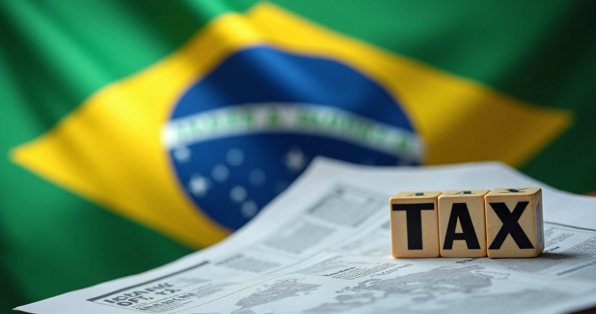 Símbolo de declaração de imposto de renda com bandeira do Brasil e mapas mundiais 