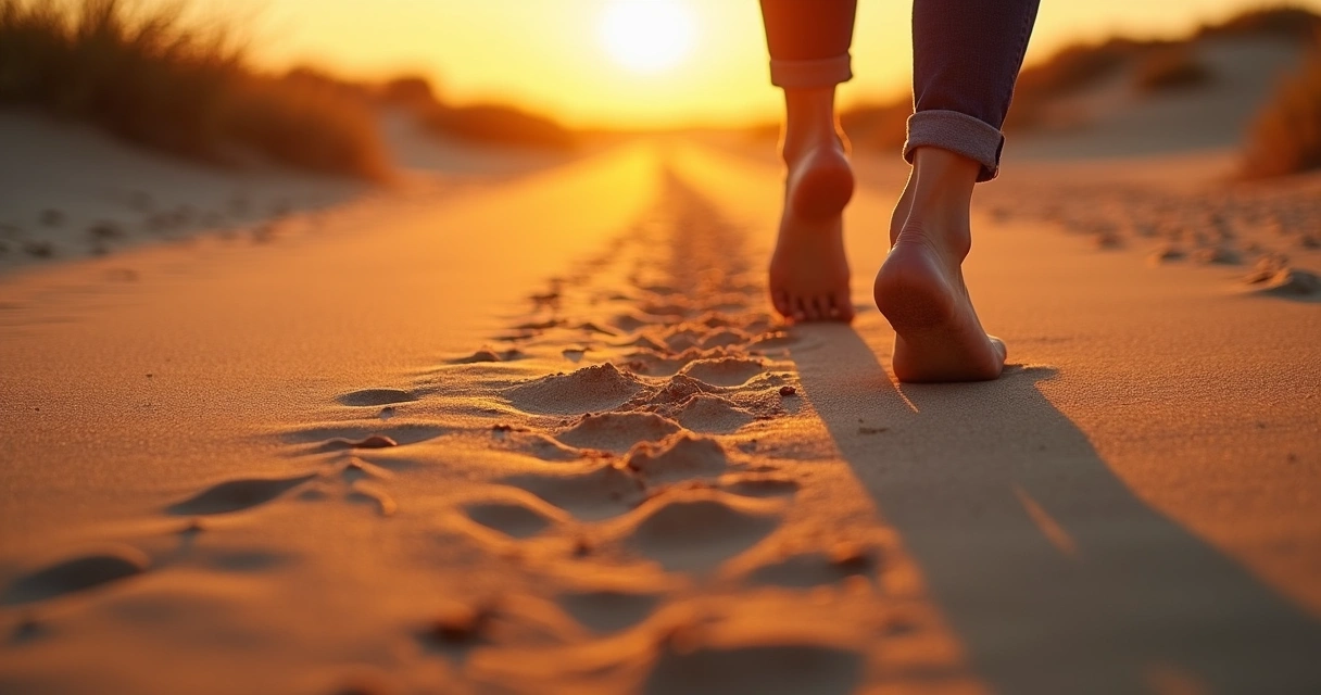 Pés de uma pessoa caminhando em estrada, deixando marcas na areia ao pôr do sol 